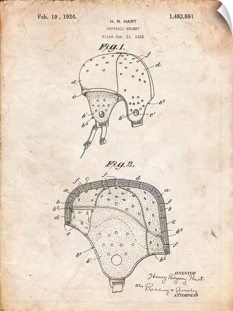 Vintage Parchment Football Helmet Patent 1922 Wall Art Poster