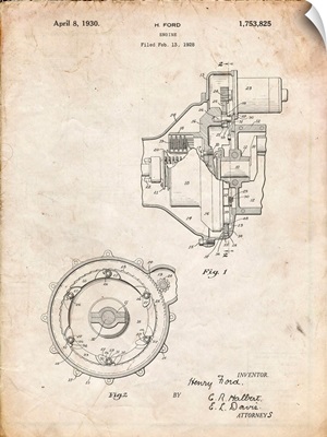 Vintage Parchment Ford Engine 1930 Patent Poster