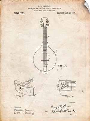 Vintage Parchment Gibson Mandolin Tailpiece Patent Poster