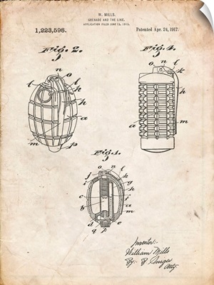 Vintage Parchment Hand Grenade 1915 Patent Poster