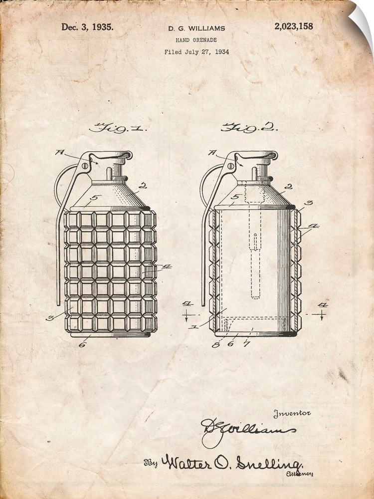 Vintage Parchment Hand Grenade Patent Poster