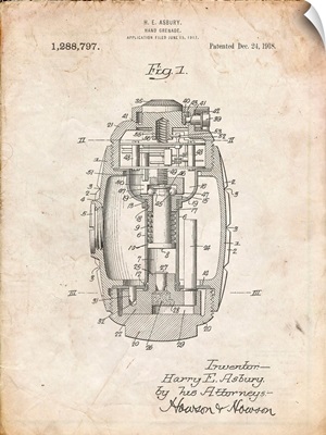 Vintage Parchment Hand Grenade World War 1 Patent Poster