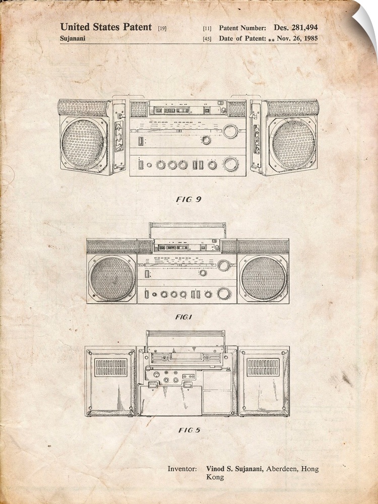 Vintage Parchment Hitachi Boom Box Patent Poster