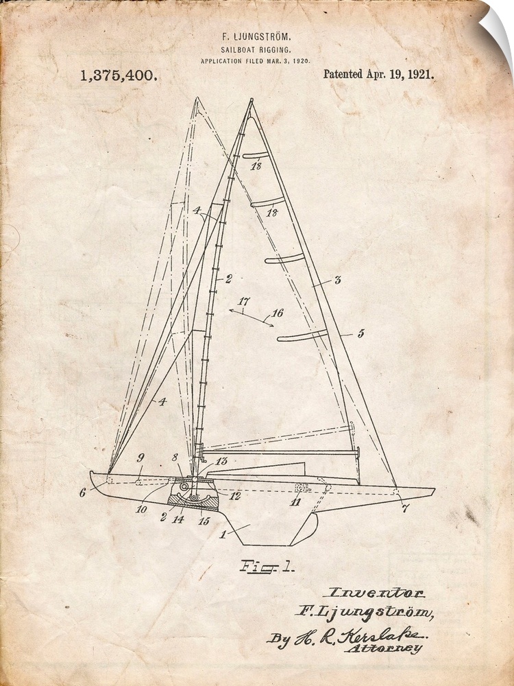 Vintage Parchment Ljungstrom Sailboat Rigging Patent Poster