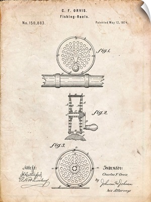 Vintage Parchment Orvis 1874 Fly Fishing Reel Patent Poster
