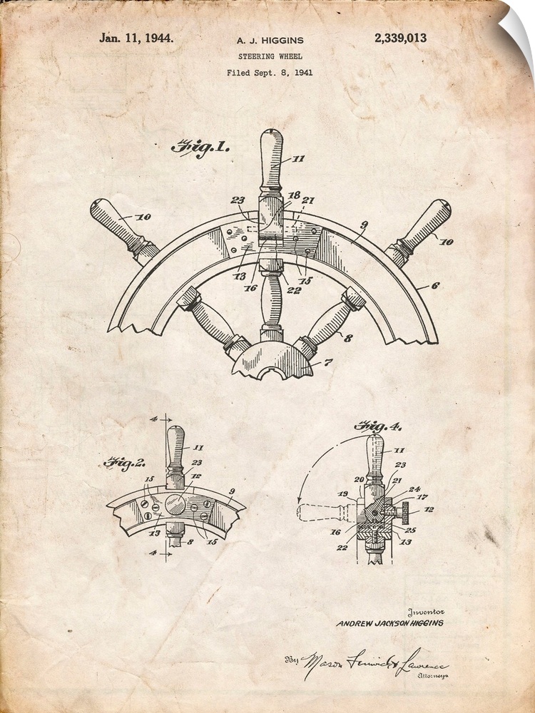 Vintage Parchment Ship Steering Wheel Patent Poster