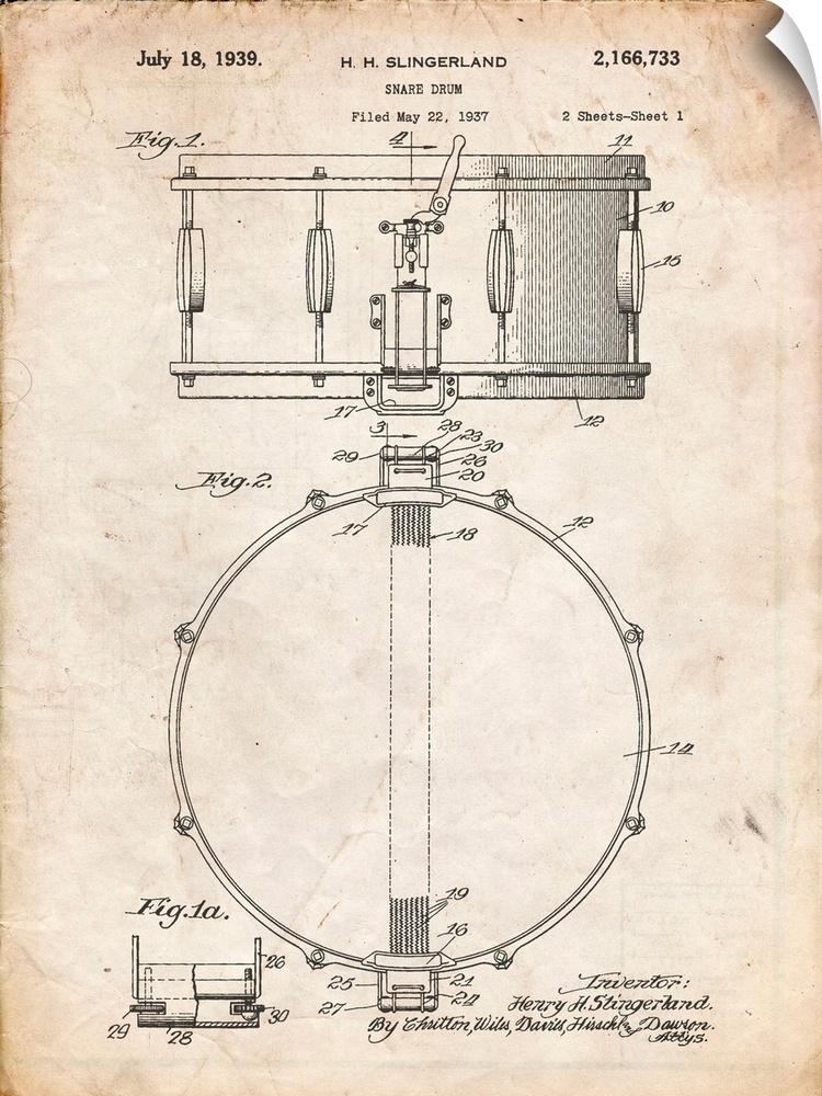 Vintage Parchment Slingerland Snare Drum Patent Poster