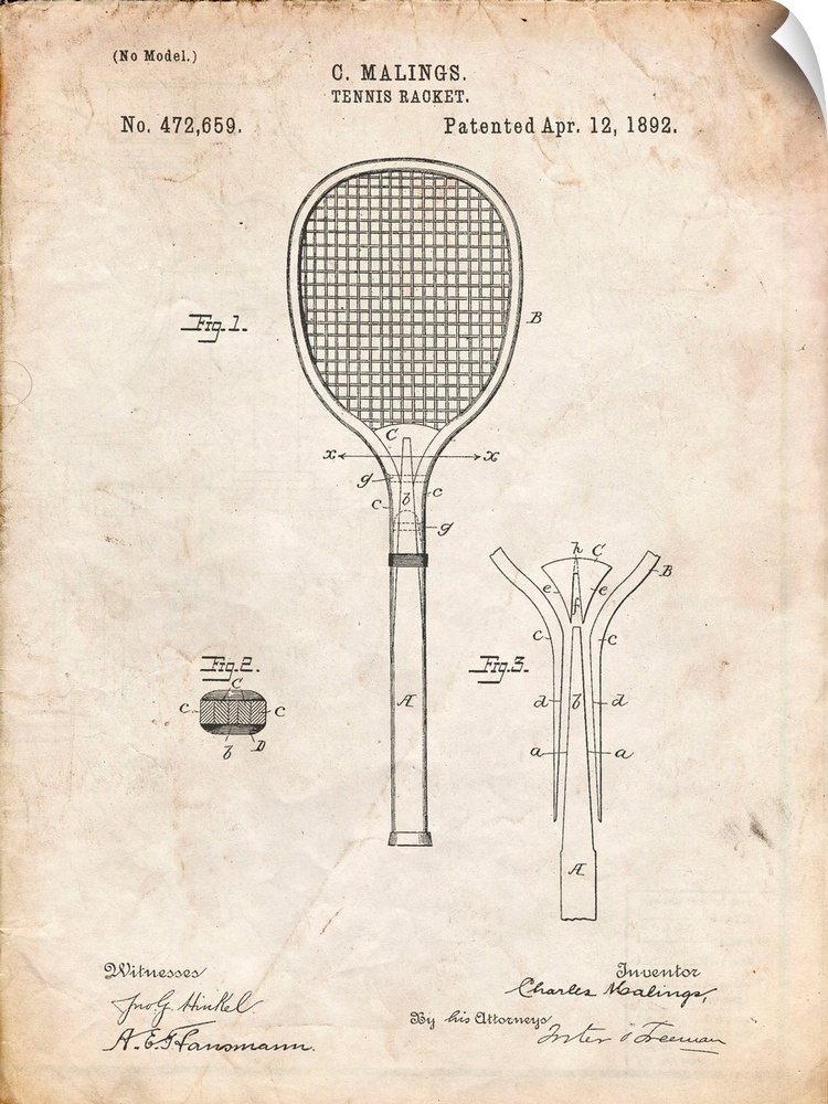 Vintage Parchment Tennis Racket 1892 Patent Poster