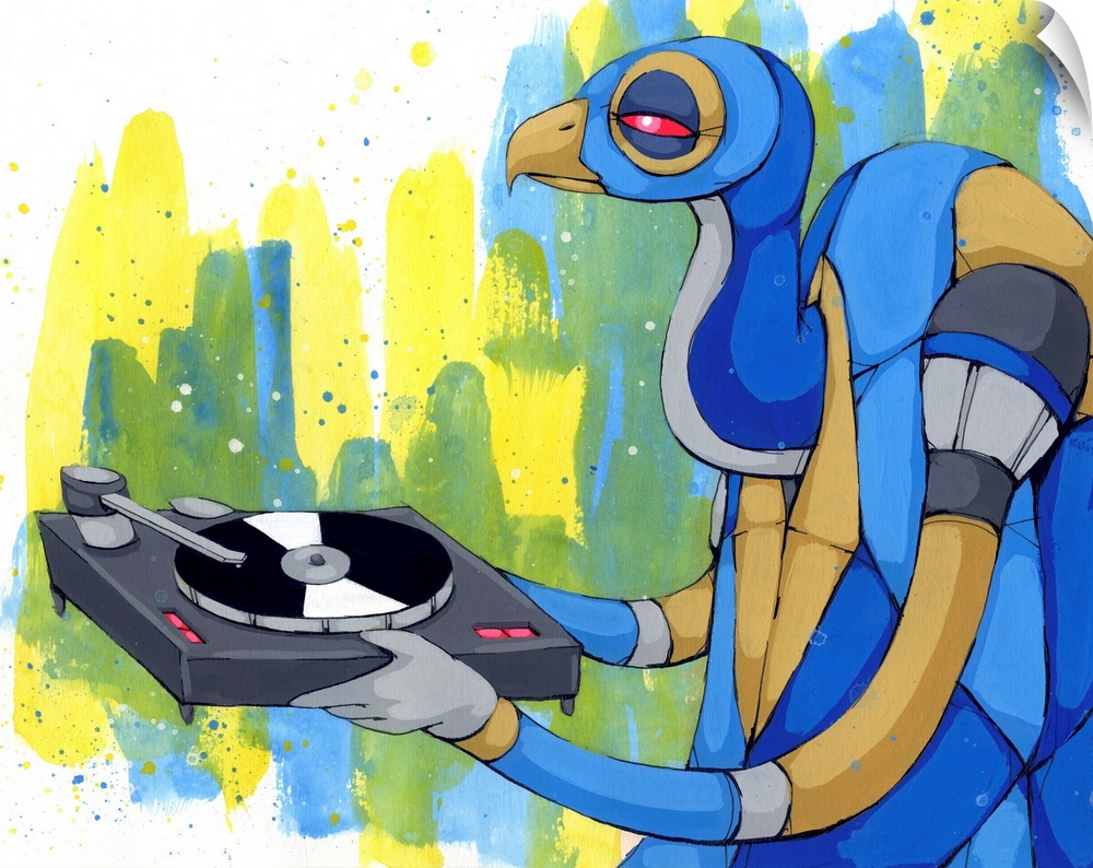 Painting of a blue, tan, and grey vulture carrying a record player.
