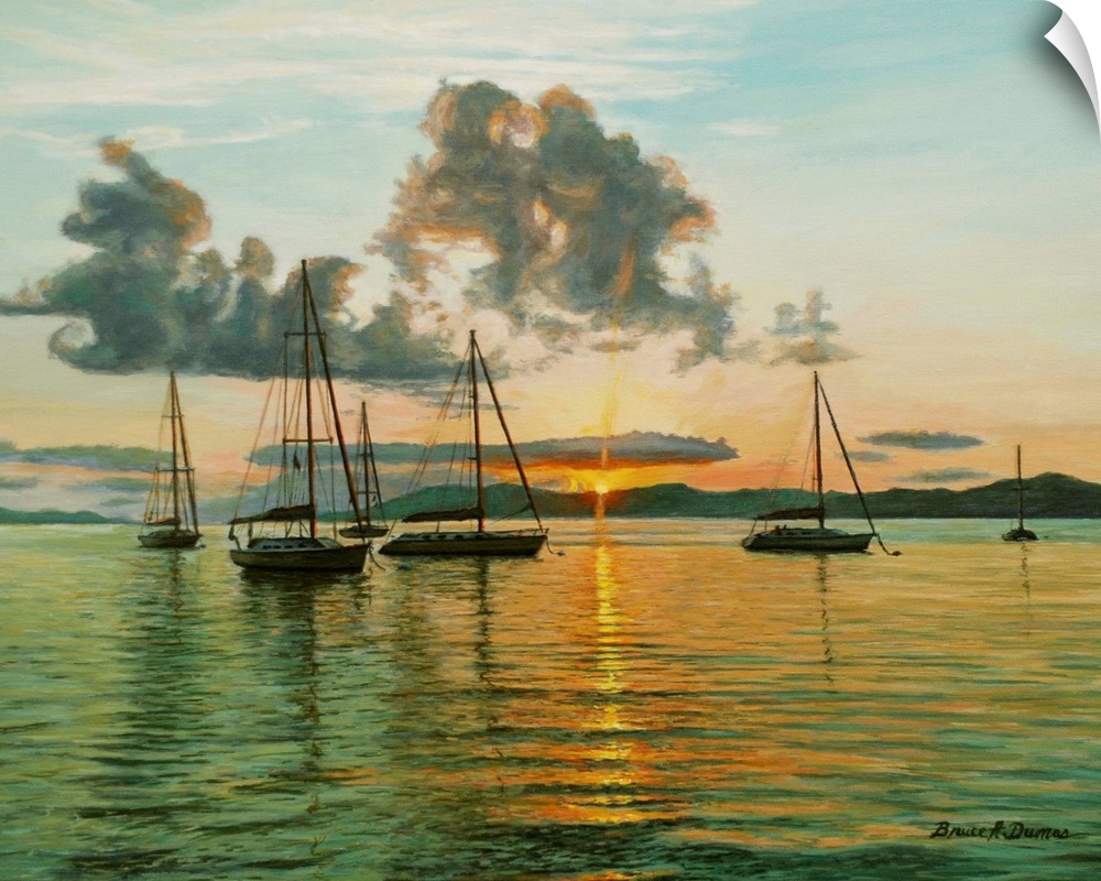 Contemporary artwork of a cove with sailboats moored with islands in the background.