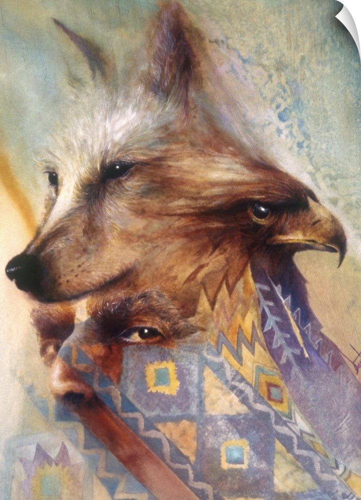 A contemporary painting of a mans eyes surrounded by a wolf and eagle's head at the top and Native American patterns at th...
