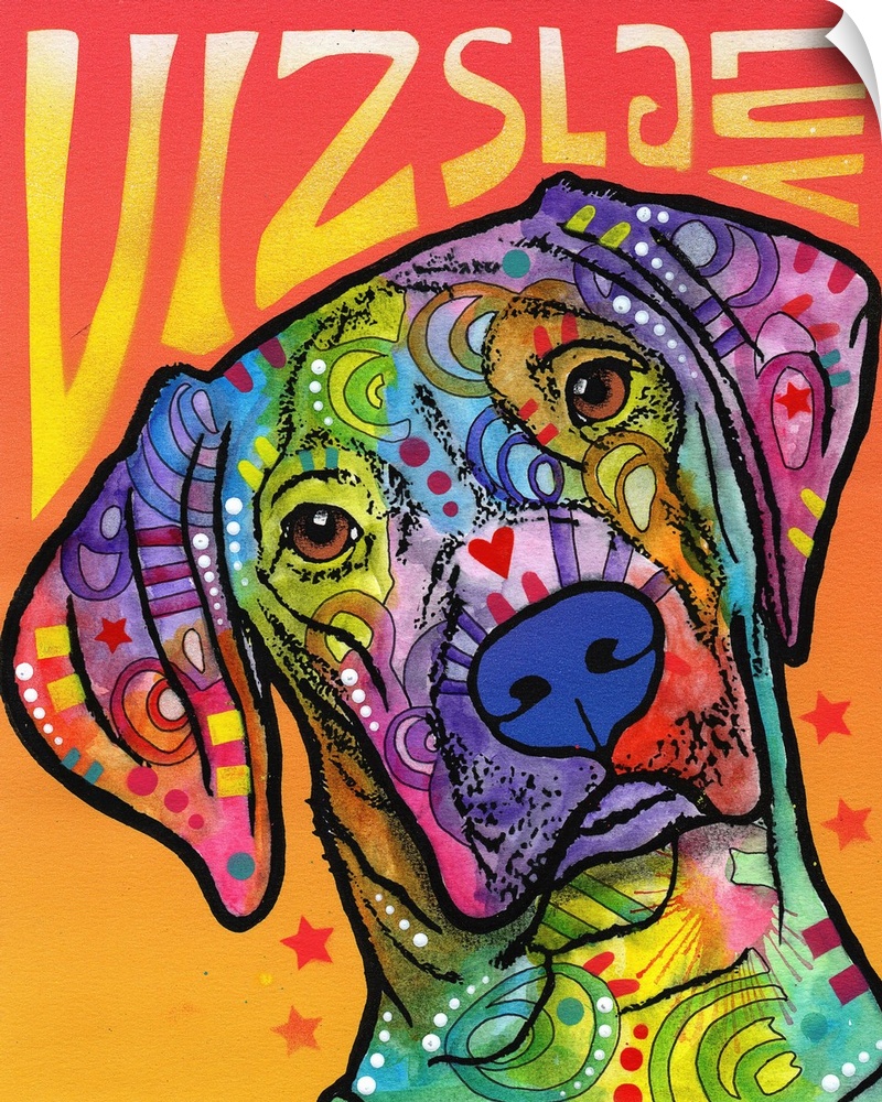 "Vizsla Luv" written around a colorful painting of a Vizsla with abstract markings.