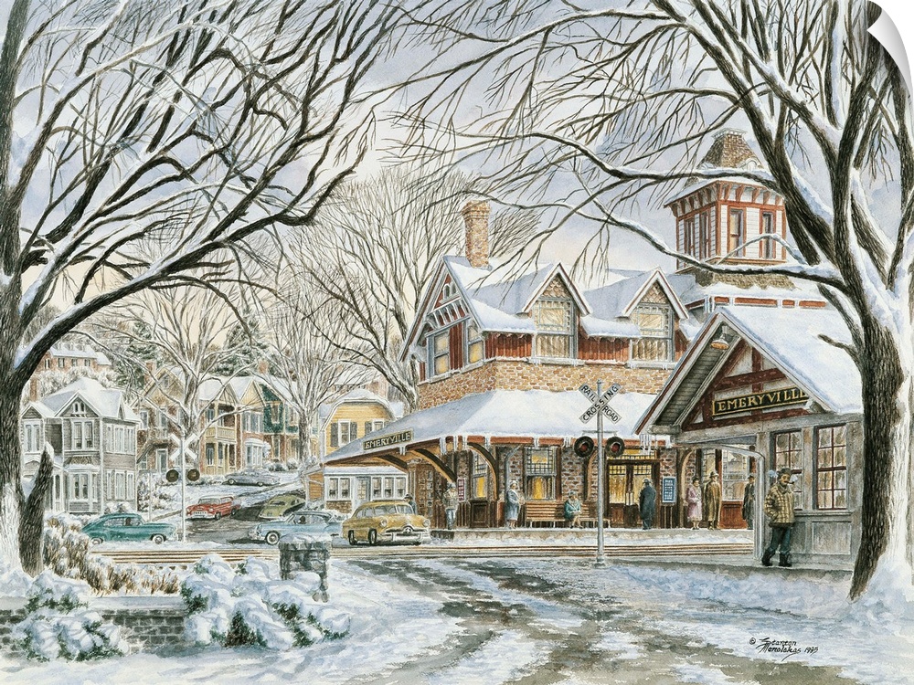 Contemporary painting of an idyllic winter scene in a suburban neighborhood.