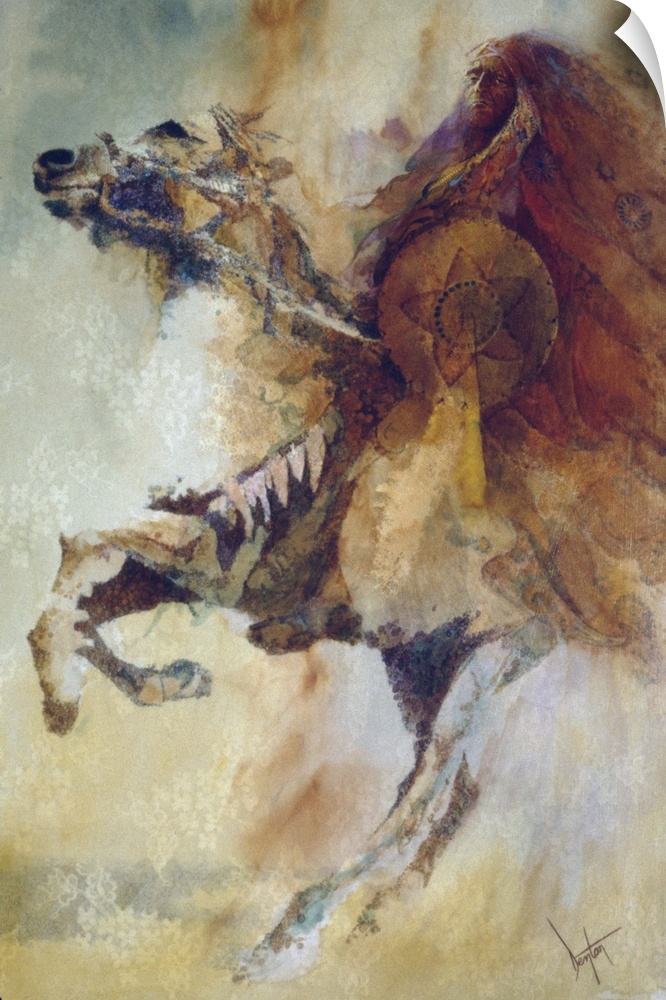 A contemporary painting of a Native American chief sitting atop a horse rearing up.