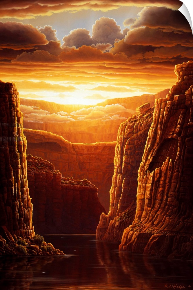 Contemporary landscape painting of the Grand Canyon as the sunsets under the clouds.
