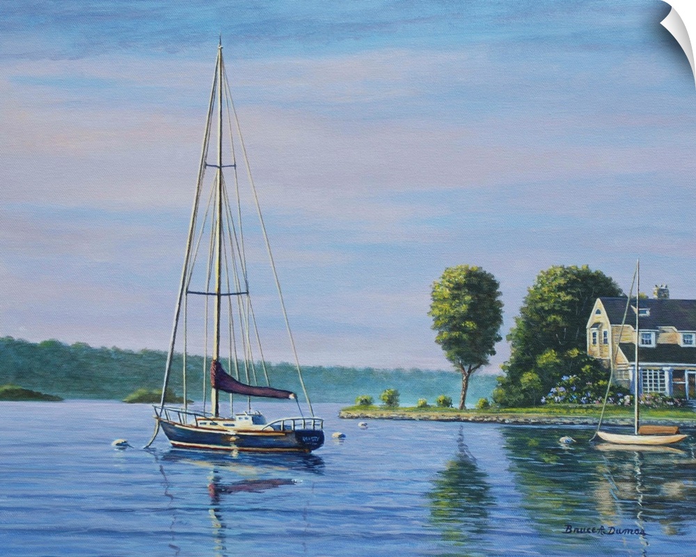 Contemporary artwork of a sail boat next to a house.