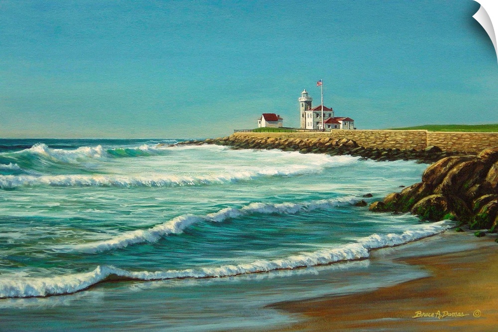 Contemporary artwork of an oceanfront with lighthouse in the background.