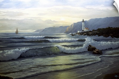 Waves Coming In On Shore, With A Lighthouse In The Distance