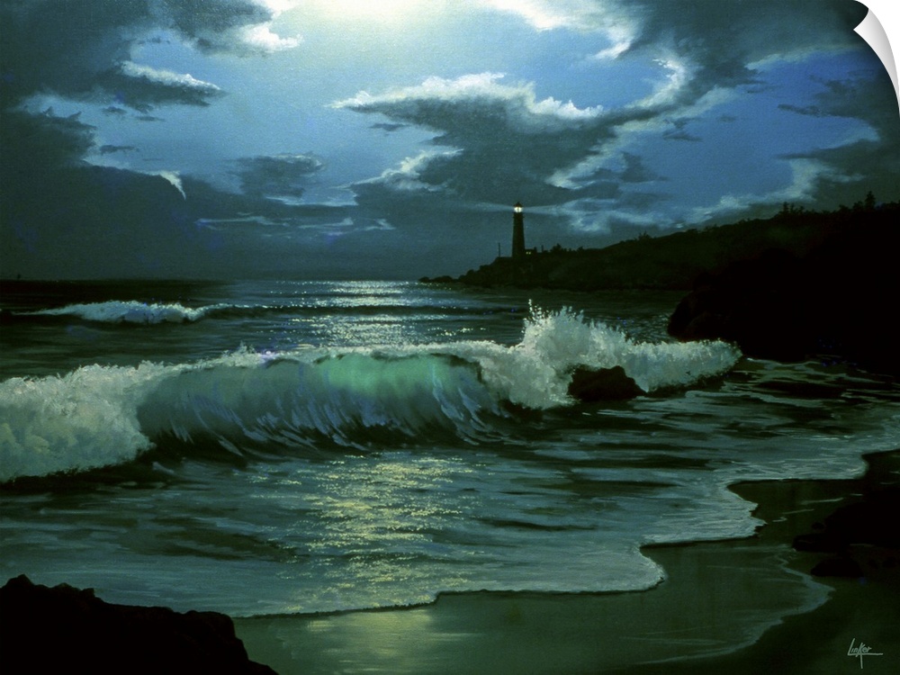Contemporary painting of waves crashing on the coastline at night, with a lighthouse in the distance.