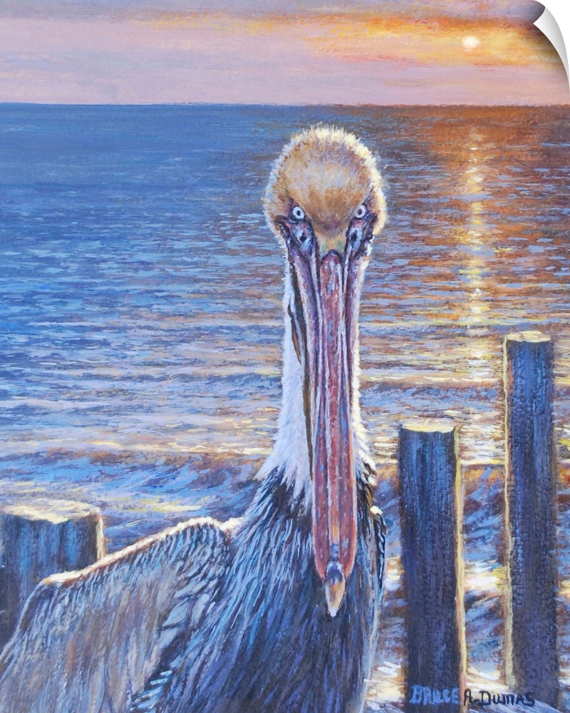Contemporary painting of a pelican on the beach at sunset, next to some wooden posts.