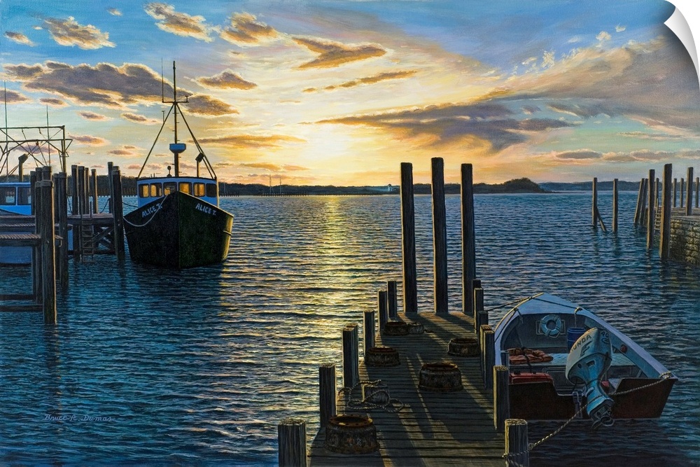 Contemporary painting of Westport Harbor, MA at sunrise with boats.