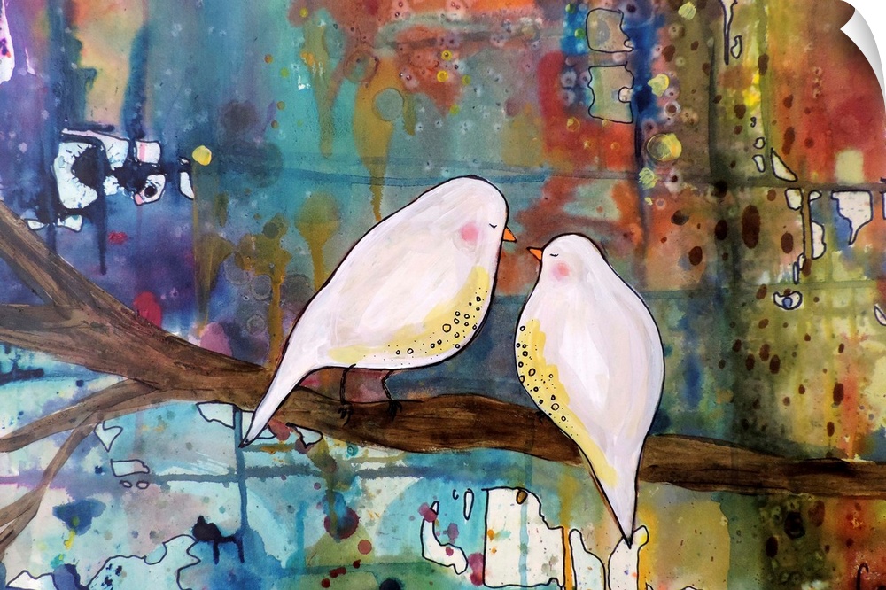 Colorful contemporary painting of two white birds on a branch against a colorful background.