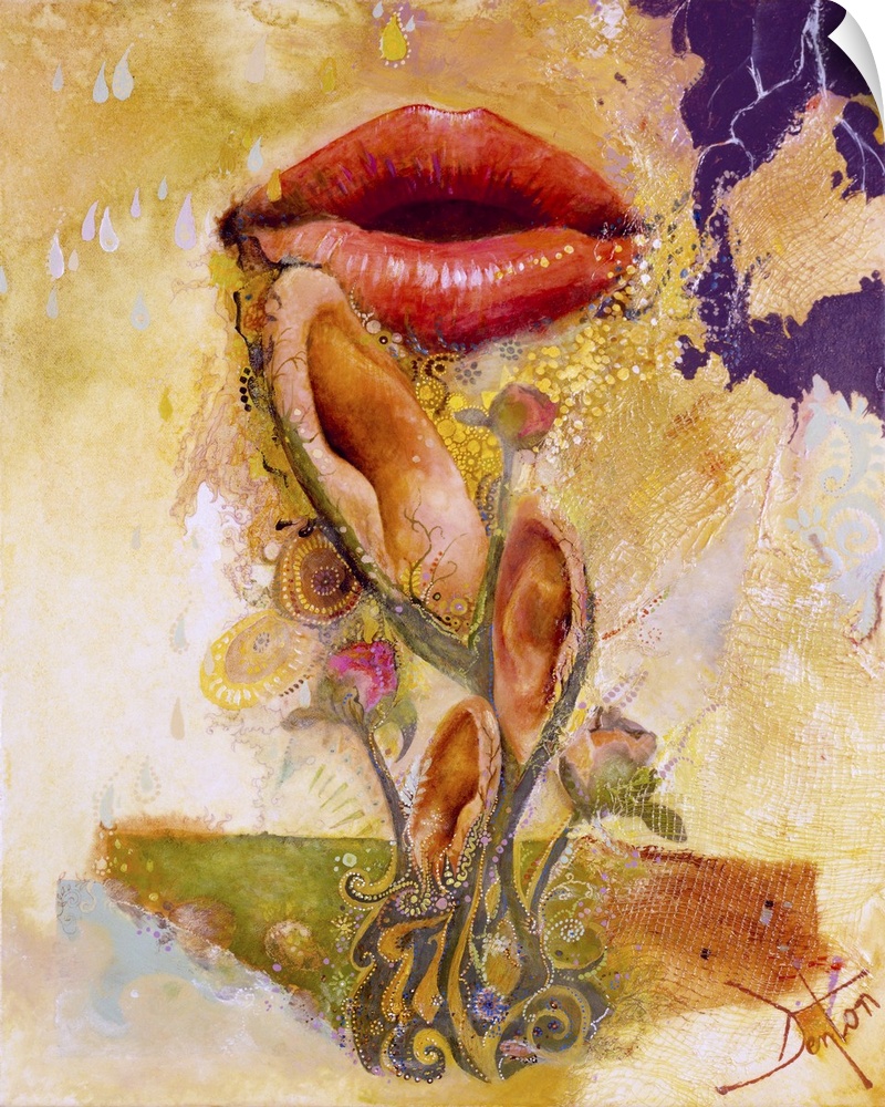 A contemporary painting of a set of red lips seen with ears on green stems against a golden textured background.