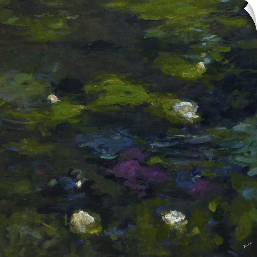 Contemporary painting of small white flowers in a green garden pond.
