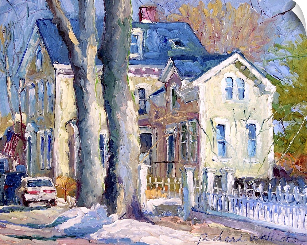 Painting of a pale yellow house with a white picket fence.