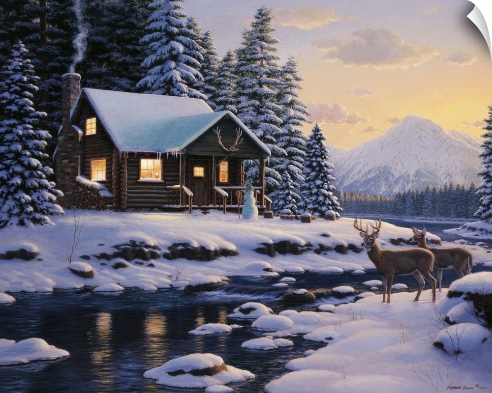 Contemporary painting of a cabin in the wilderness in winter.