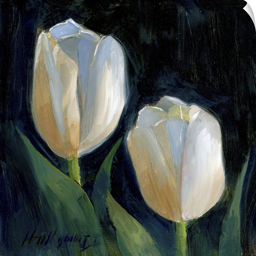 Contemporary still-life painting of white tulips close-up.