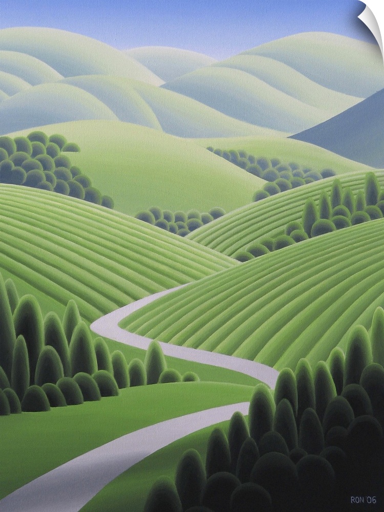 Contemporary painting of a rural green valley.