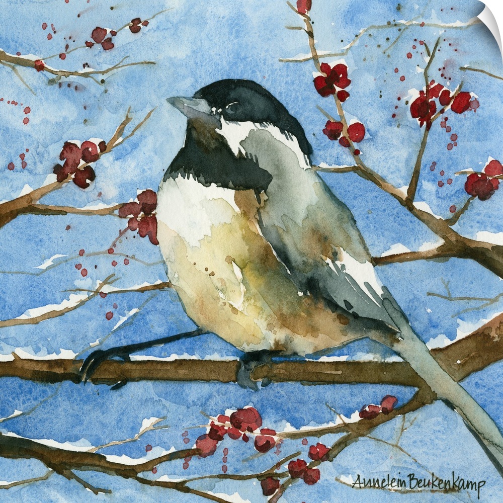 Contemporary watercolor painting of a chickadee perched on a tree branch in the snow.