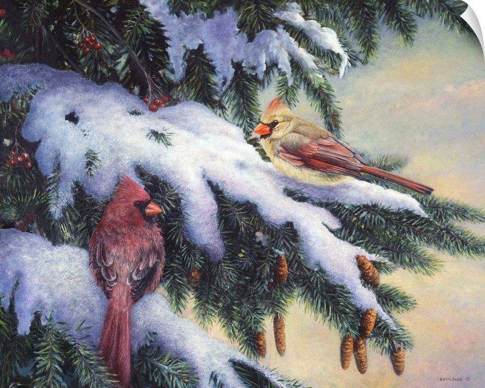 Contemporary artwork of two cardinals on branches with snow and berries.