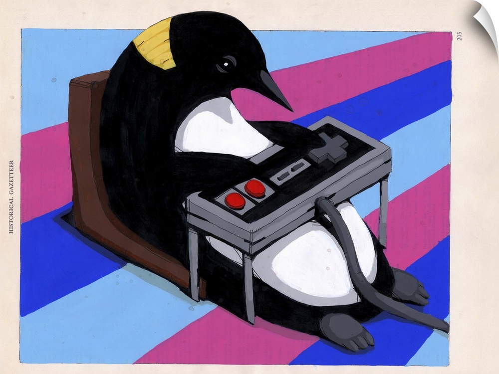 Pop art painting of a penguin playing videogames with a large controller.