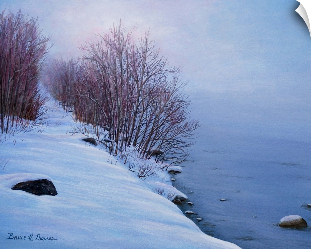 Contemporary artwork of a winter coast scene.