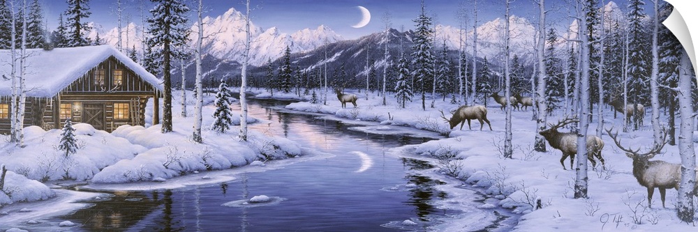 a herd of elk grazing at dusk next to a brook with a log cabin across the brook, moon