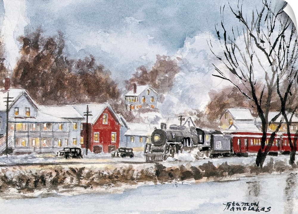 A train passes through a rural village in winter.