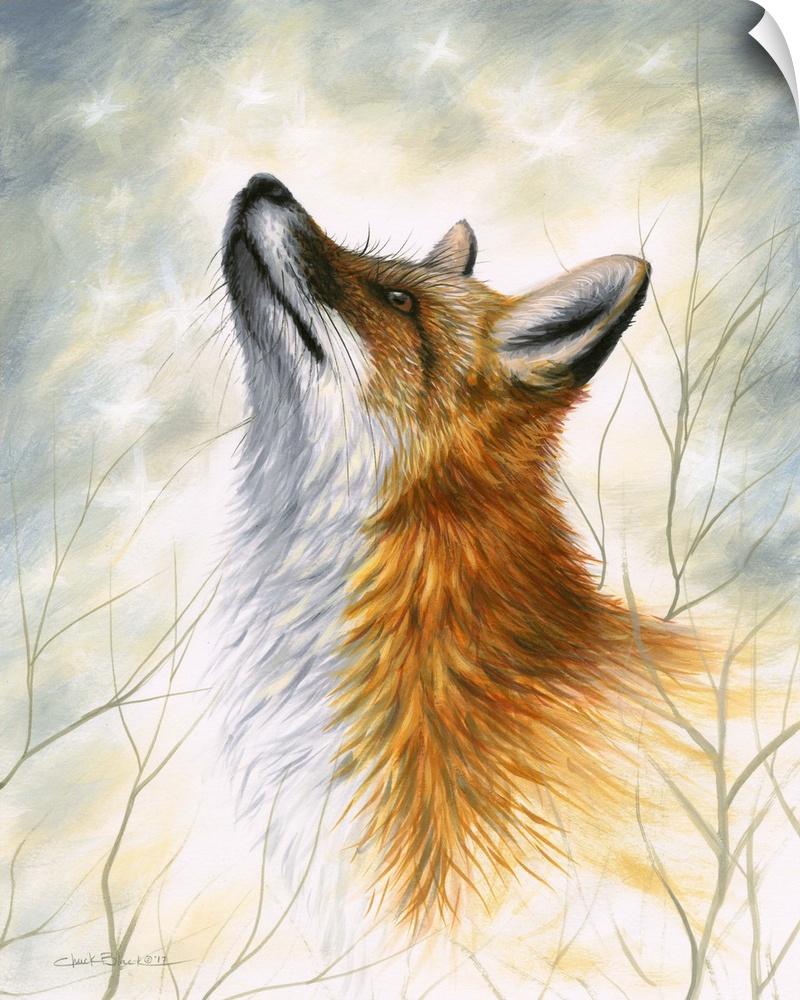 Contemporary painting of a fox looking up with branches surrounding him.