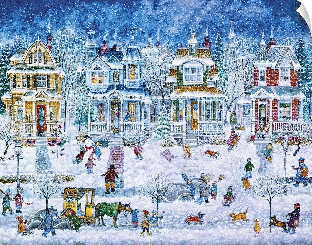 A winter street scene filled with Victorian homes, a horse and carriage and many people.