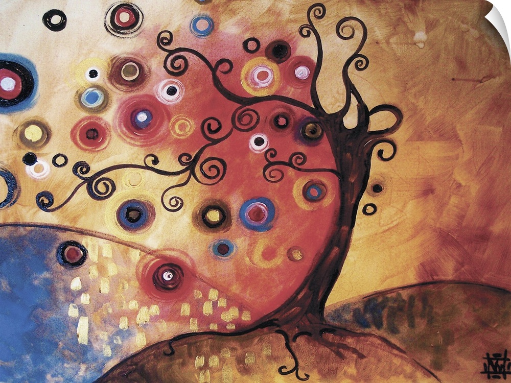 Contemporary painting of a tree with thin, spiraling branches and round spheres of color with a vivid sky.