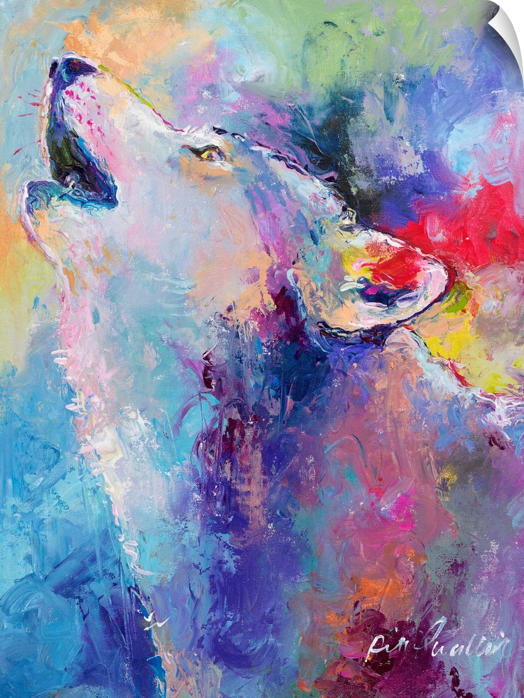 Colorful abstract painting of a wolf howling towards the sky.