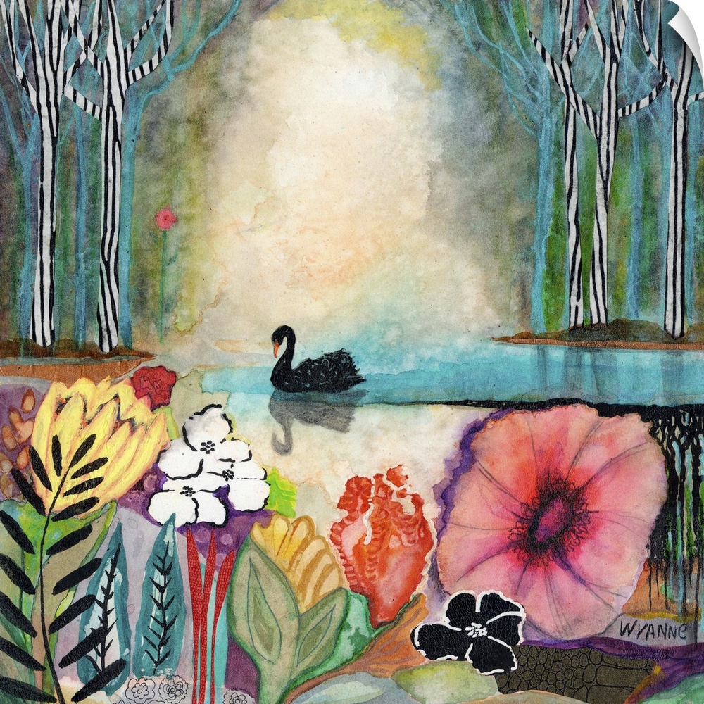A black swan in a pond with colorful flowers in the foreground.