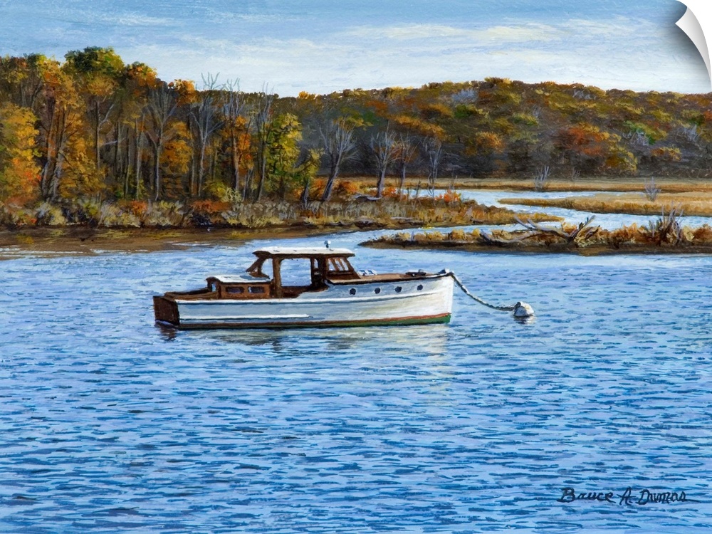 Contemporary artwork of a small wooden boat in the water.