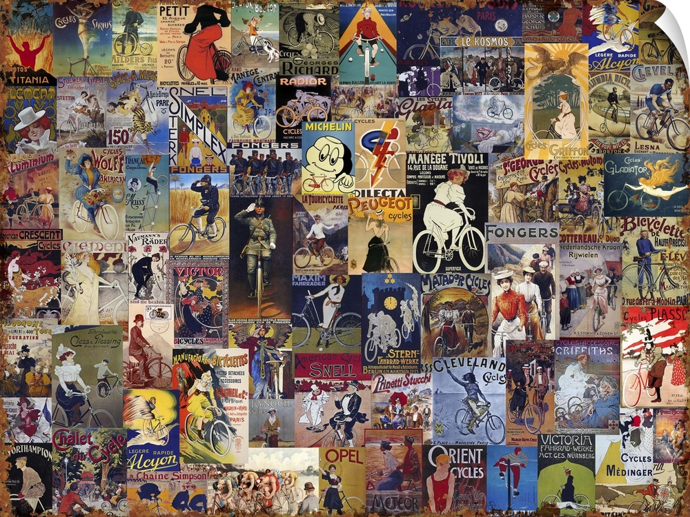 Collage made of vintage posters of bicycle races and advertisements.