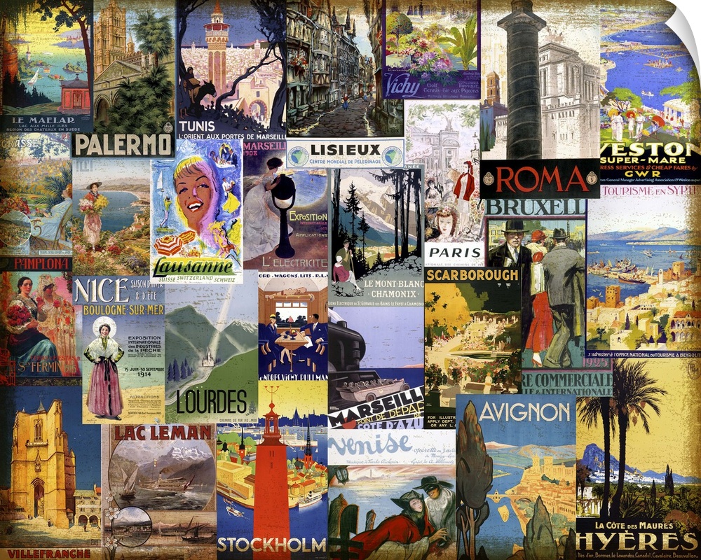 Collage made of vintage travel posters of cities from all over the world.
