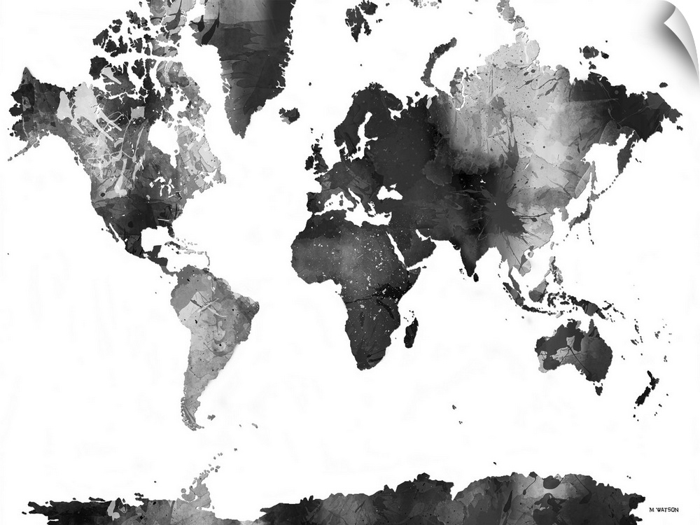 Contemporary black and white watercolor world map.