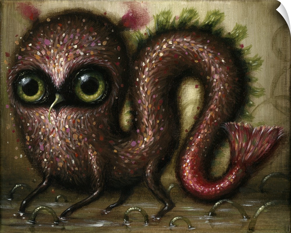 Surrealist painting of an aquatic looking creature with red scales.