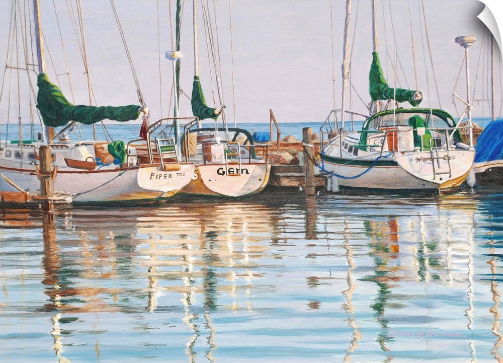 Contemporary painting of a group of yachts docked in the ocean.