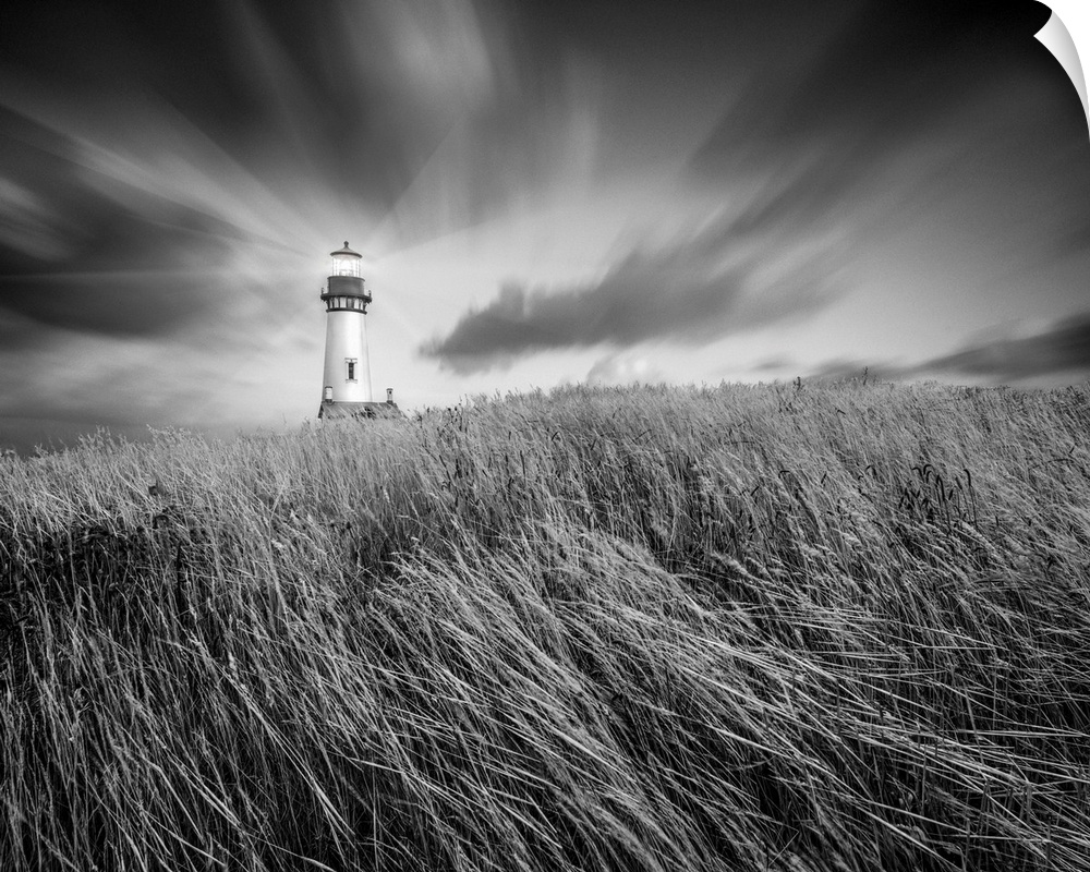 lighthouse, field, clouds, sky, black and white photograph